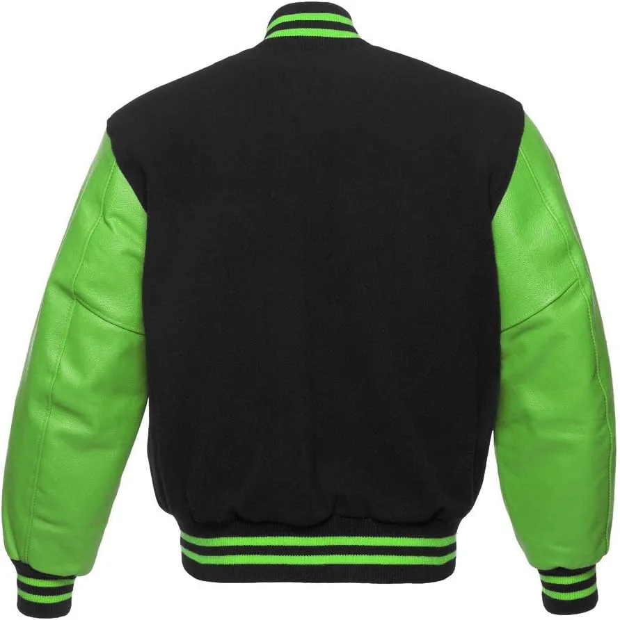 AMBER American Letterman Jacket Varsity Jacket School Jacket Baseball Jacket Black Wool & Green Leather Sleeves