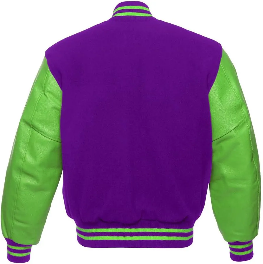 AMBER American Letterman Jacket Varsity Jacket School Jacket Baseball Jacket Black Wool & Green Leather Sleeves
