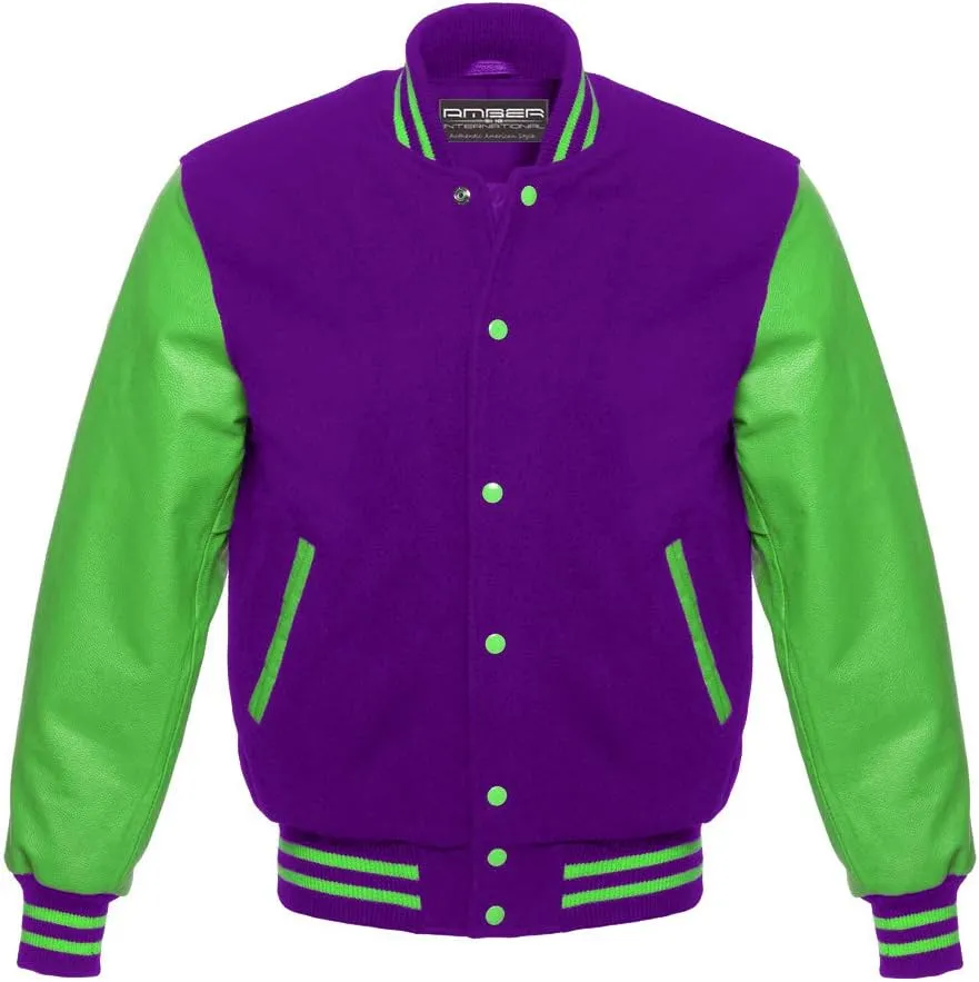 AMBER American Letterman Jacket Varsity Jacket School Jacket Baseball Jacket Black Wool & Green Leather Sleeves
