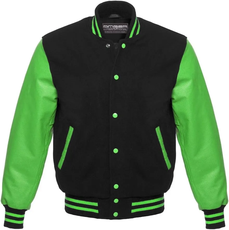 AMBER American Letterman Jacket Varsity Jacket School Jacket Baseball Jacket Black Wool & Green Leather Sleeves