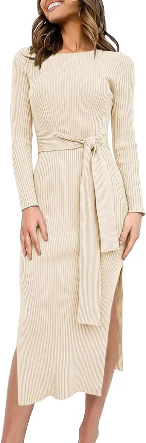 ANRABESS Womens Long Sleeve Sweater Dress Crew Neck Slim Fit Slit Tie Waist 2025 Ribbed Knit Bodycon Midi Dress Fall Outfits