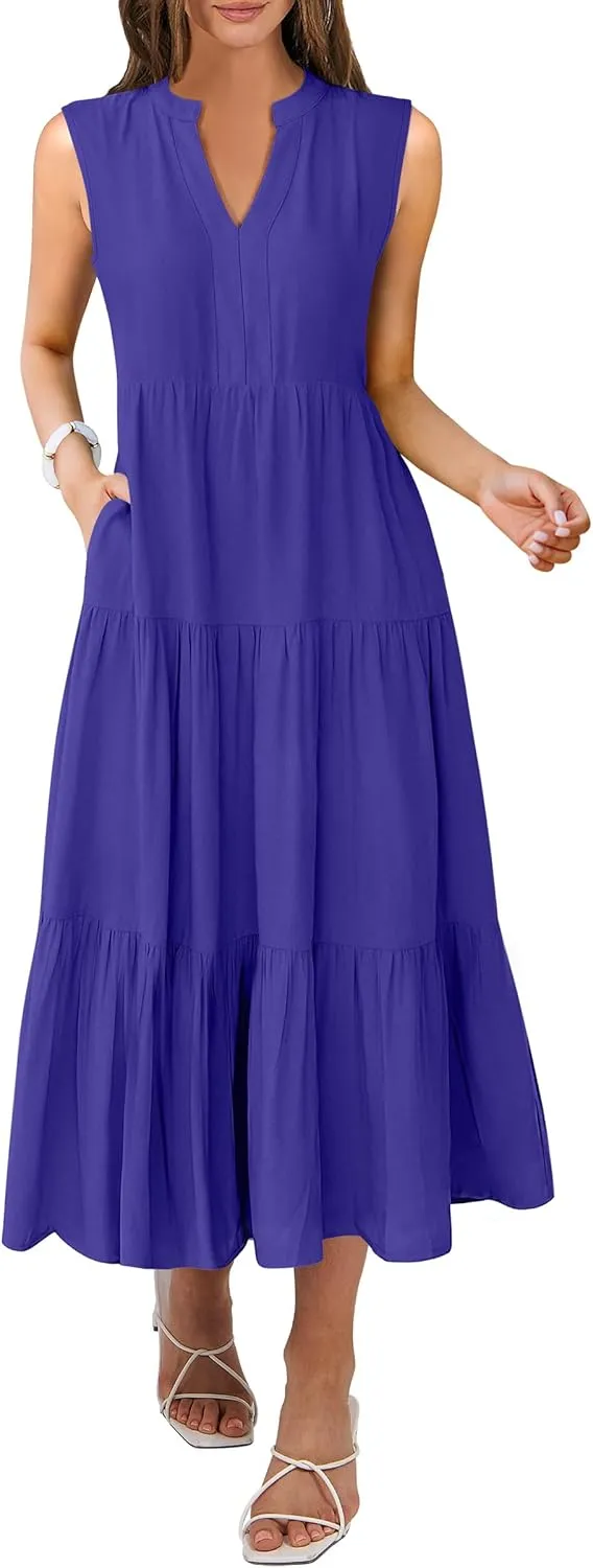 ANRABESS Womens Summer Casual Sleeveless V Neck Maxi Dress 2025 Spring Tie Waist A-Line Flowy Tiered Boho Long Beach Sundress