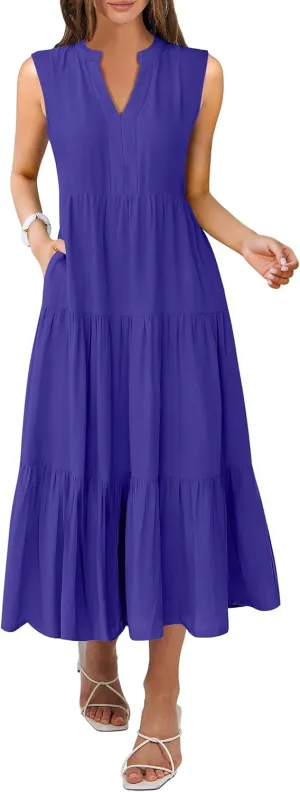 ANRABESS Womens Summer Casual Sleeveless V Neck Maxi Dress 2025 Spring Tie Waist A-Line Flowy Tiered Boho Long Beach Sundress
