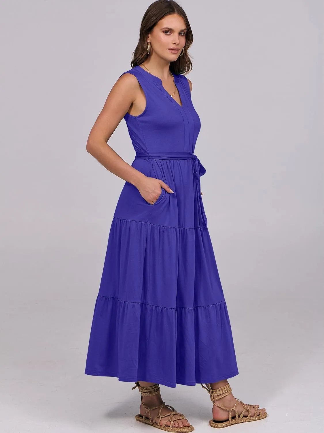 ANRABESS Womens Summer Casual Sleeveless V Neck Maxi Dress 2025 Spring Tie Waist A-Line Flowy Tiered Boho Long Beach Sundress