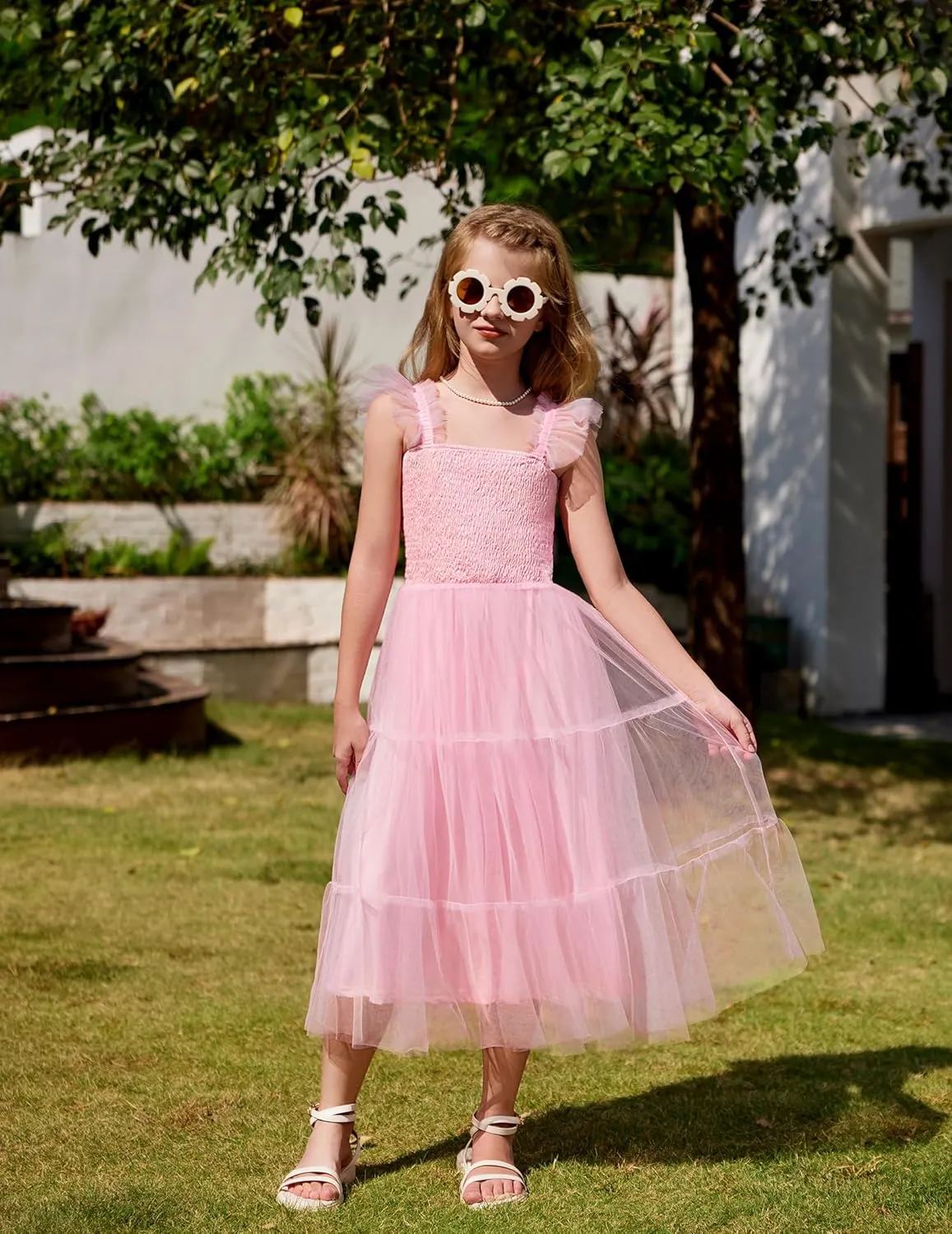 Arshiner Tween Girls Dress Ruffle Sleeve Elastic Straps Smocked A-Line Tulle Summer Long Patry Birthday Sundress