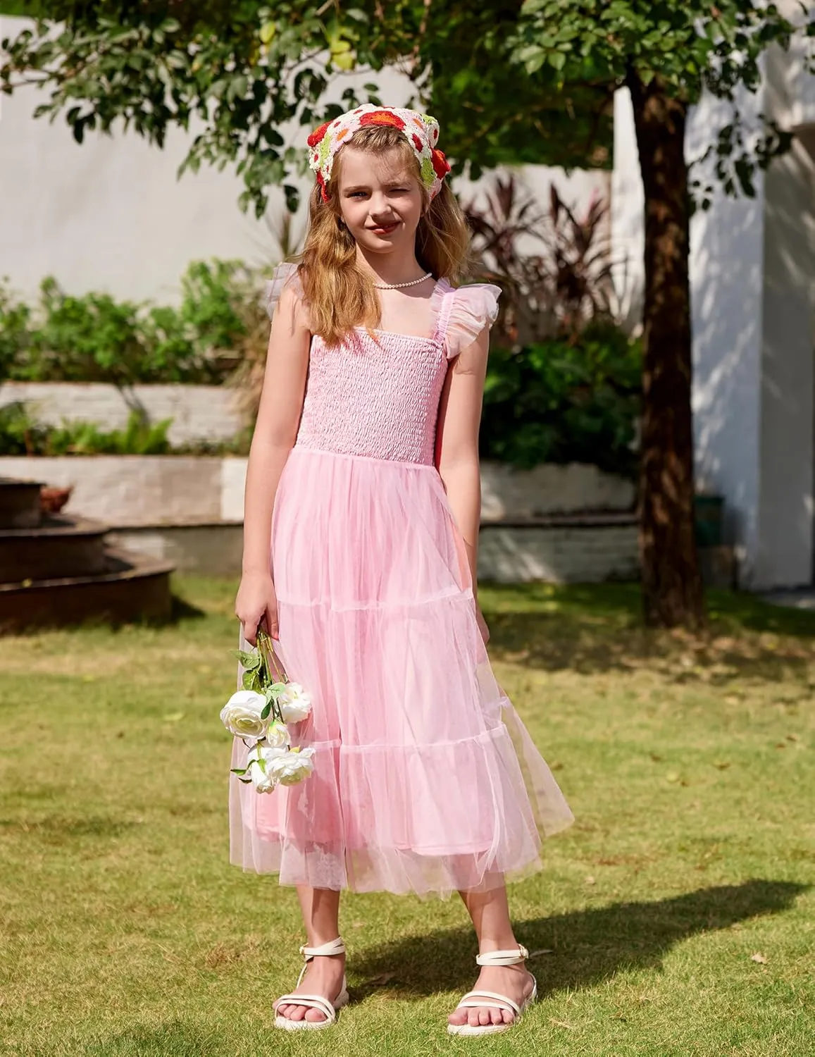 Arshiner Tween Girls Dress Ruffle Sleeve Elastic Straps Smocked A-Line Tulle Summer Long Patry Birthday Sundress