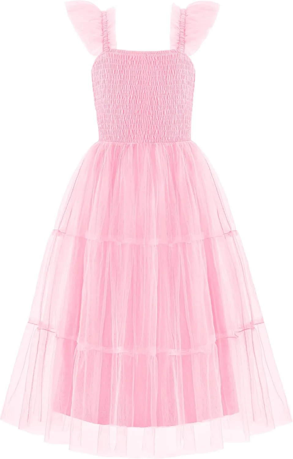 Arshiner Tween Girls Dress Ruffle Sleeve Elastic Straps Smocked A-Line Tulle Summer Long Patry Birthday Sundress