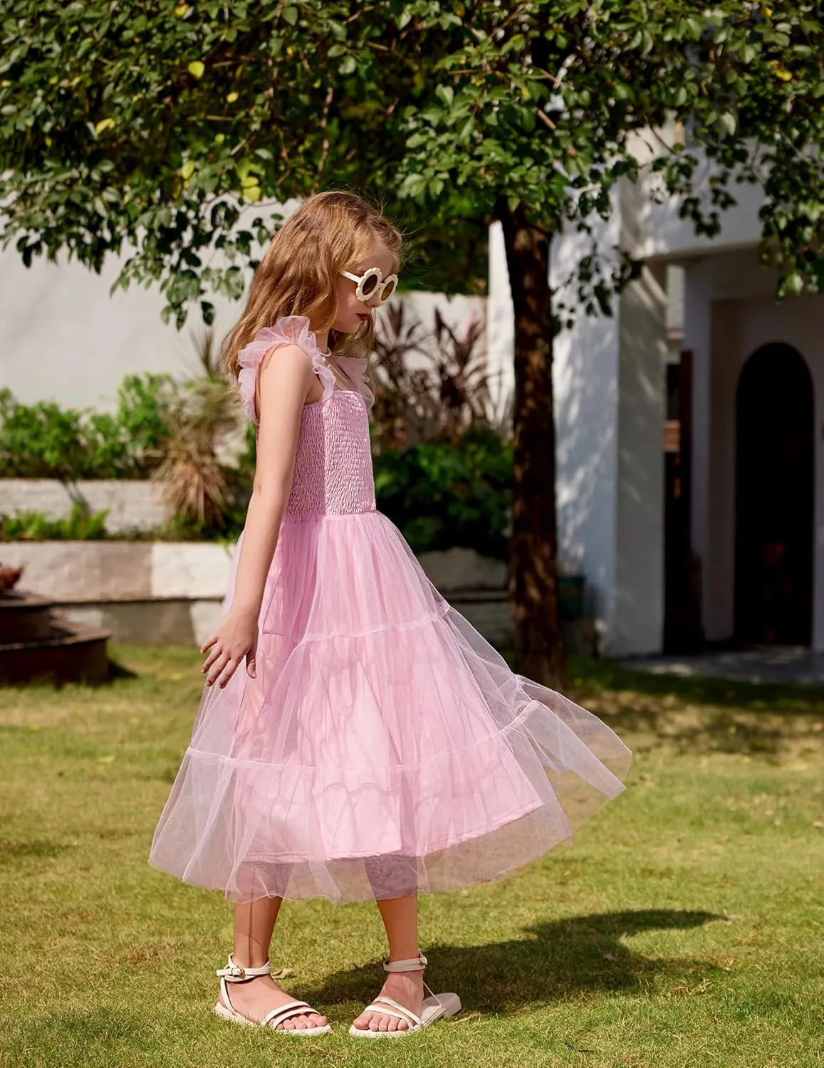 Arshiner Tween Girls Dress Ruffle Sleeve Elastic Straps Smocked A-Line Tulle Summer Long Patry Birthday Sundress