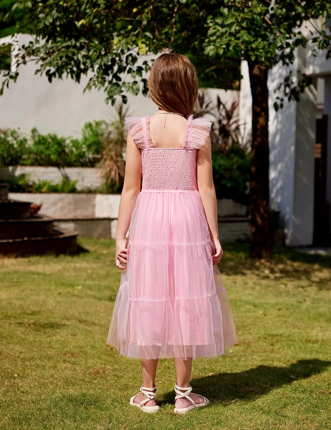 Arshiner Tween Girls Dress Ruffle Sleeve Elastic Straps Smocked A-Line Tulle Summer Long Patry Birthday Sundress