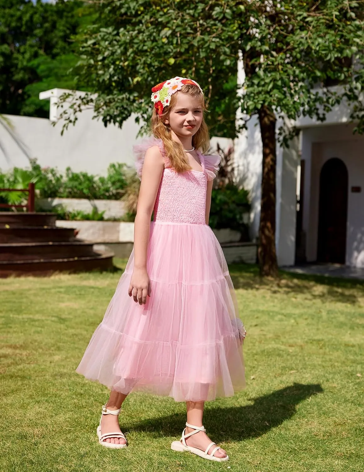 Arshiner Tween Girls Dress Ruffle Sleeve Elastic Straps Smocked A-Line Tulle Summer Long Patry Birthday Sundress