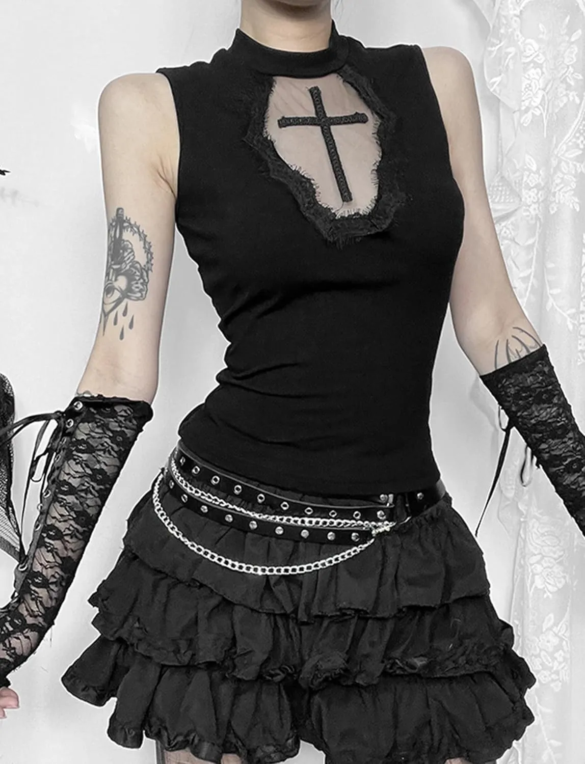AUBIG Gothic Crop Top for Women Punk Camisole Sleeveless Shirt Lace Alt Emo Girl Blouse Streetwear Workout T-Shirt