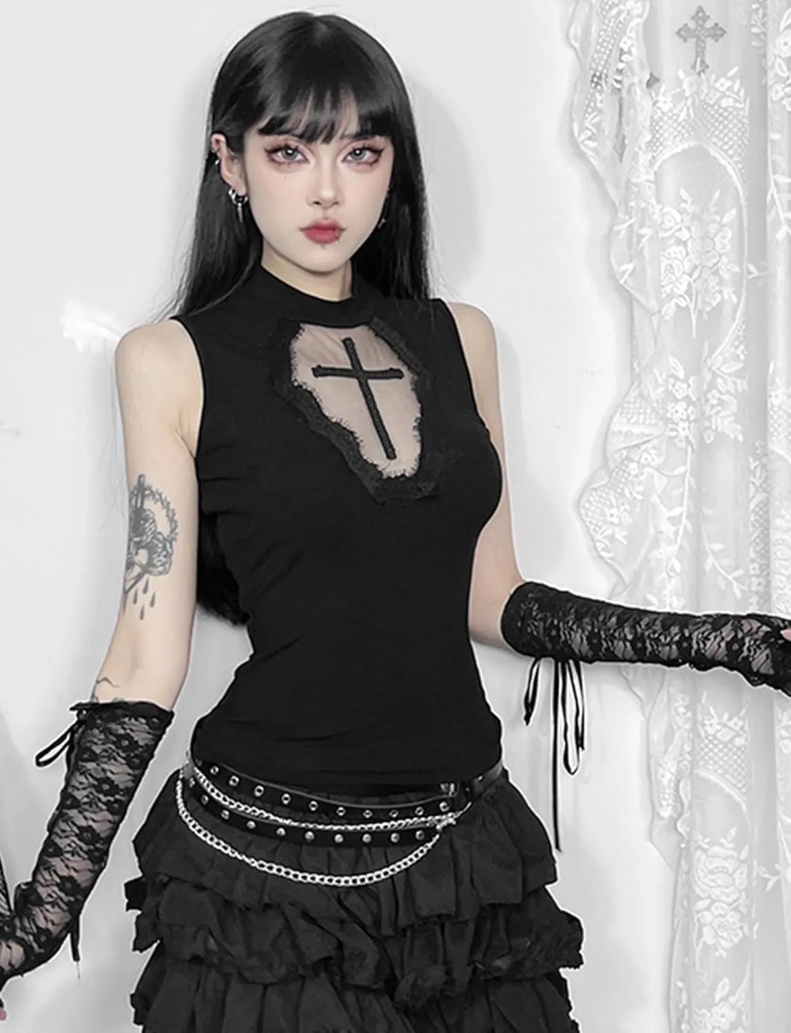 AUBIG Gothic Crop Top for Women Punk Camisole Sleeveless Shirt Lace Alt Emo Girl Blouse Streetwear Workout T-Shirt