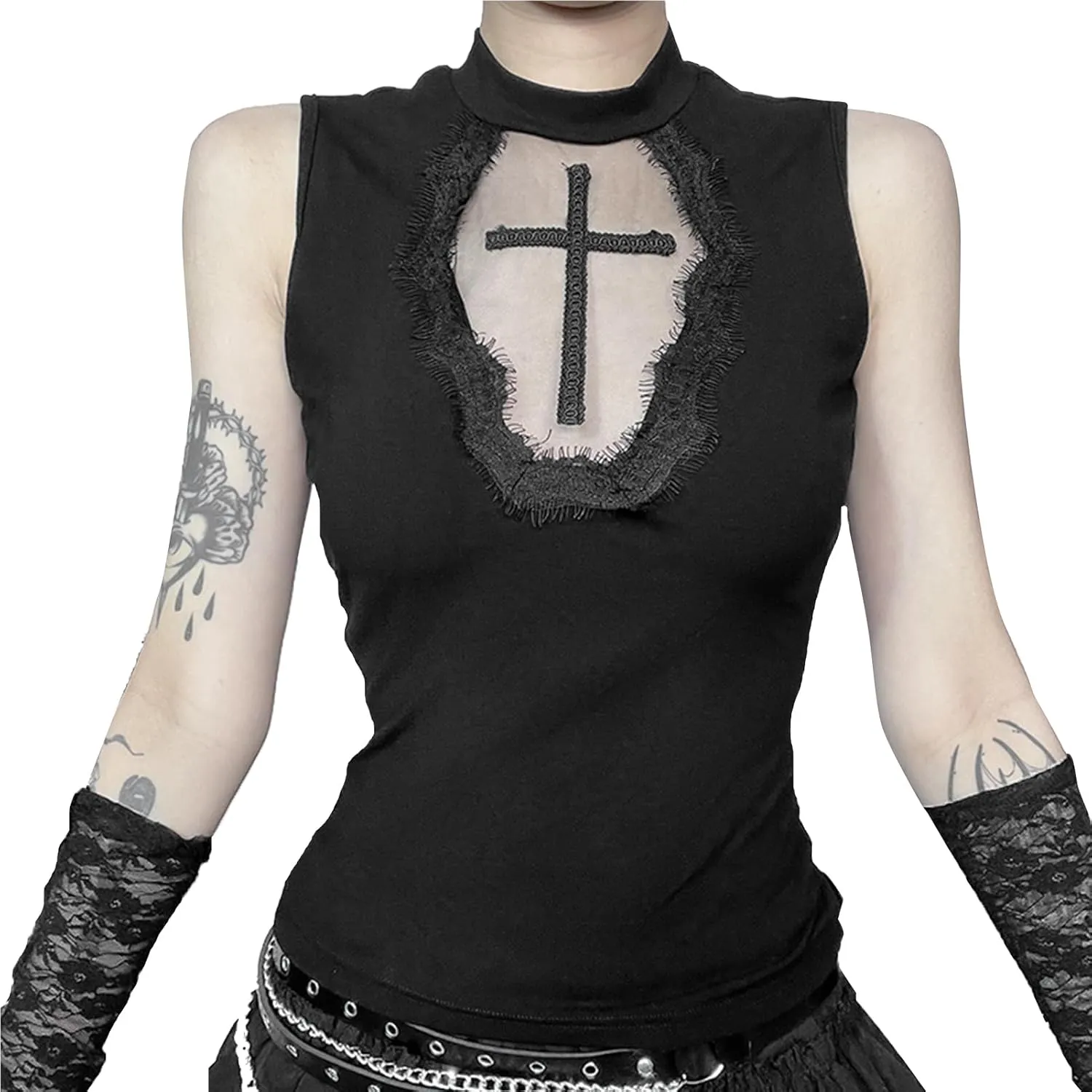 AUBIG Gothic Crop Top for Women Punk Camisole Sleeveless Shirt Lace Alt Emo Girl Blouse Streetwear Workout T-Shirt