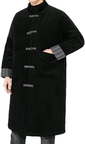 Autumn Winter Men Retro Kung Fu Long Parkas Mens Corduroy Cotton Padded Jacket Windbreaker Male Warm Trench Coat