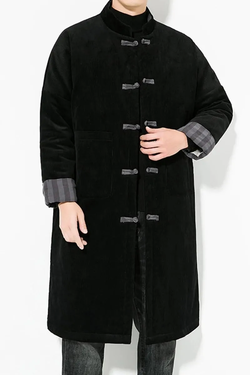 Autumn Winter Men Retro Kung Fu Long Parkas Mens Corduroy Cotton Padded Jacket Windbreaker Male Warm Trench Coat