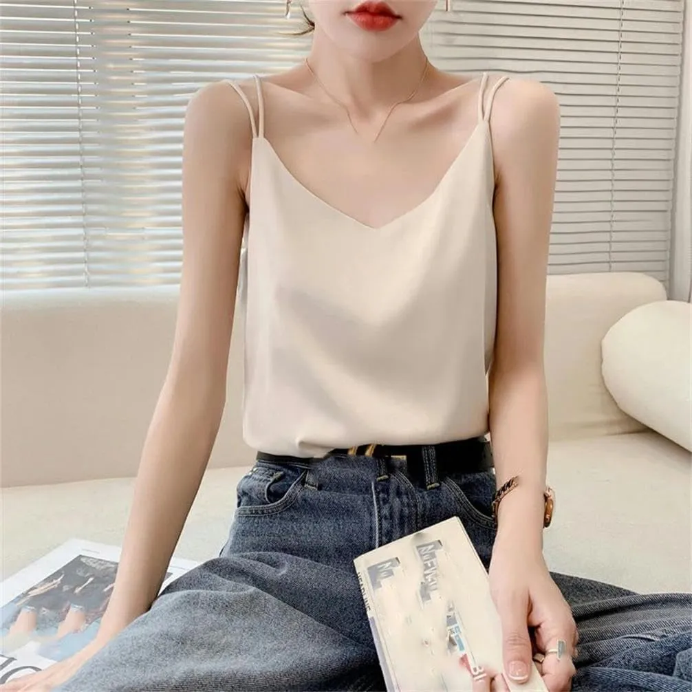 Backless top Women's Flat T-Shirt Casual Camisole Sleeveless V-Neck Pullover Vest Summer T-Shirt Solid Color Outdoor