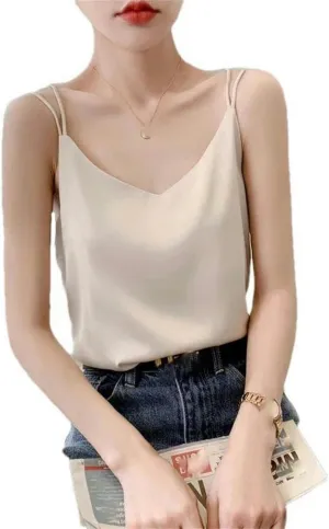 Backless top Women's Flat T-Shirt Casual Camisole Sleeveless V-Neck Pullover Vest Summer T-Shirt Solid Color Outdoor