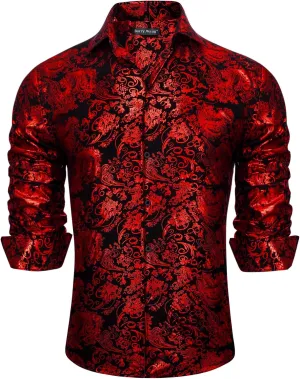 Barry.Wang Men's Disco Dress Shirt Long Sleeve Nightclub Mexico Paisley Floral Shirts Metallic Gothic Shiny Button Down Shirt
