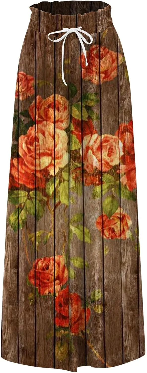 Beach Pants for Women Women Casual High Waist Wide Leg Pants Summer Floral Solid Long Palazzo Pants Lounge with Pocket