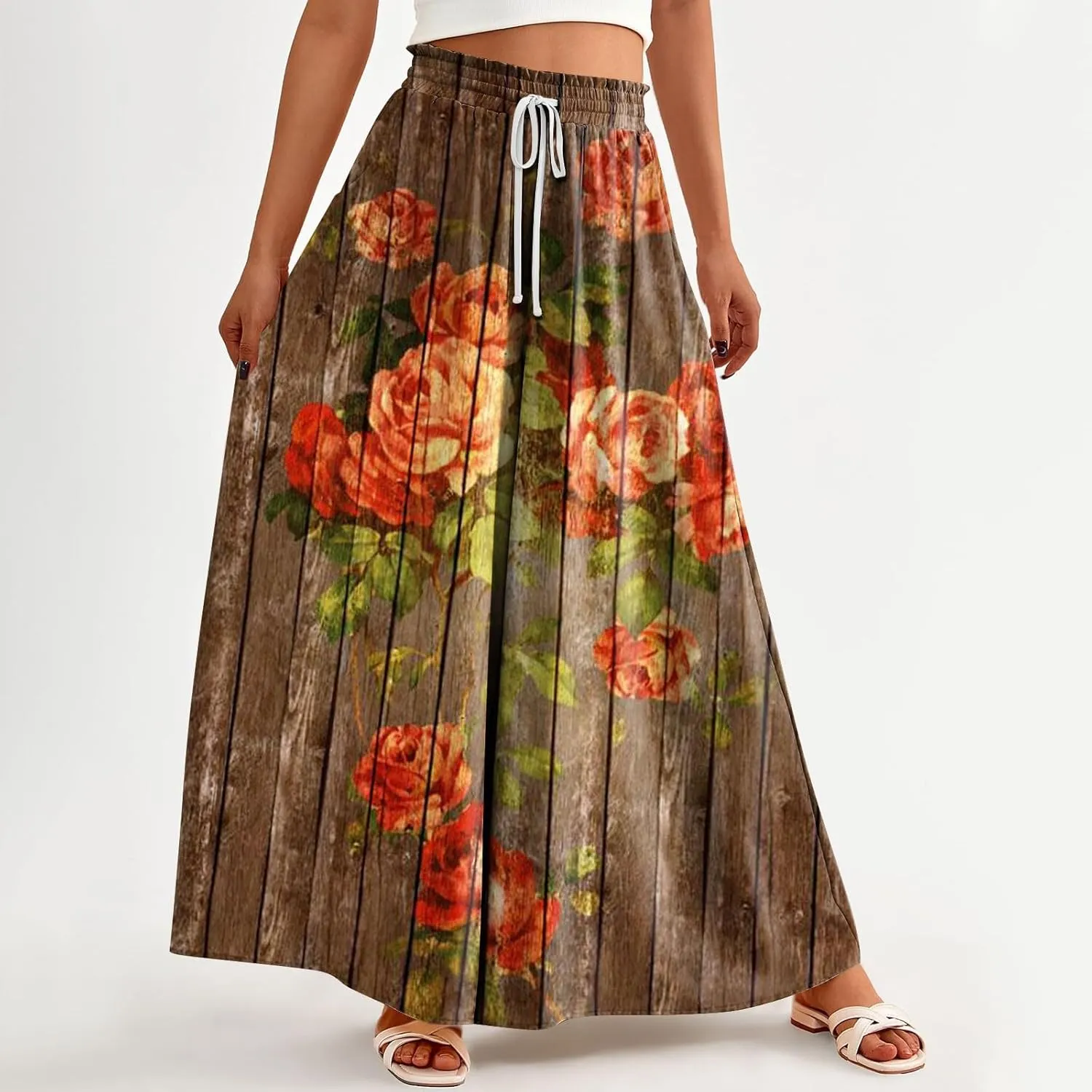 Beach Pants for Women Women Casual High Waist Wide Leg Pants Summer Floral Solid Long Palazzo Pants Lounge with Pocket