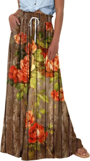 Beach Pants for Women Women Casual High Waist Wide Leg Pants Summer Floral Solid Long Palazzo Pants Lounge with Pocket