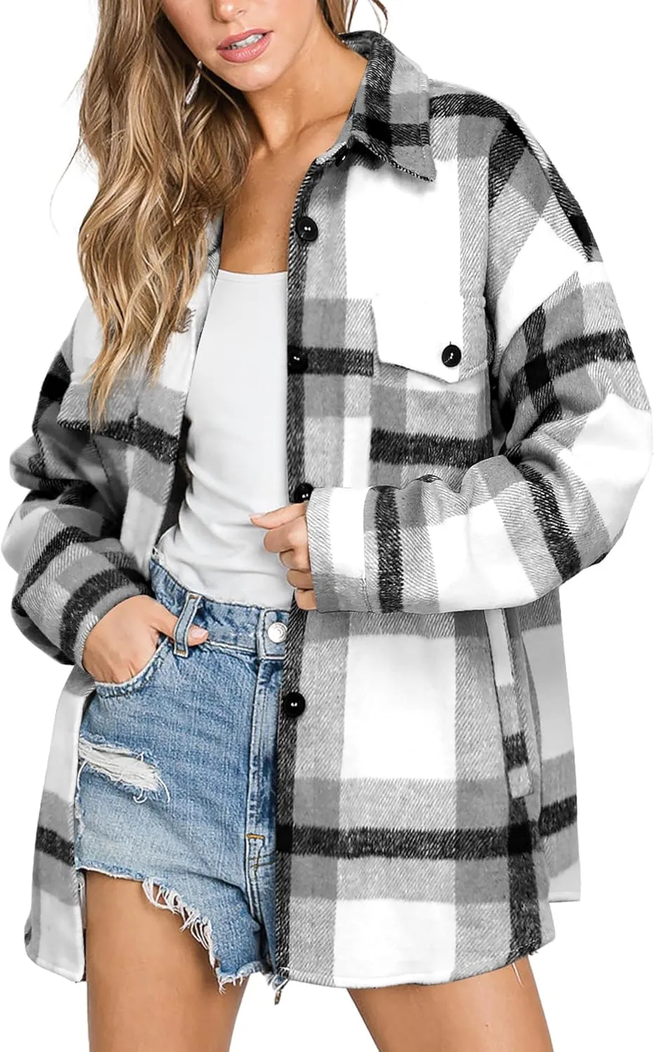 Beaully Women's Flannel Plaid Shacket Long Sleeve Button Down Shirts Jacket Coats with Side Pockets