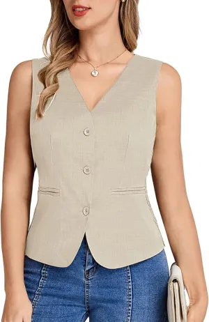 Belle Poque Women Suit Vest Button Down Dressy Vest Tops Waistcoat with Pockets