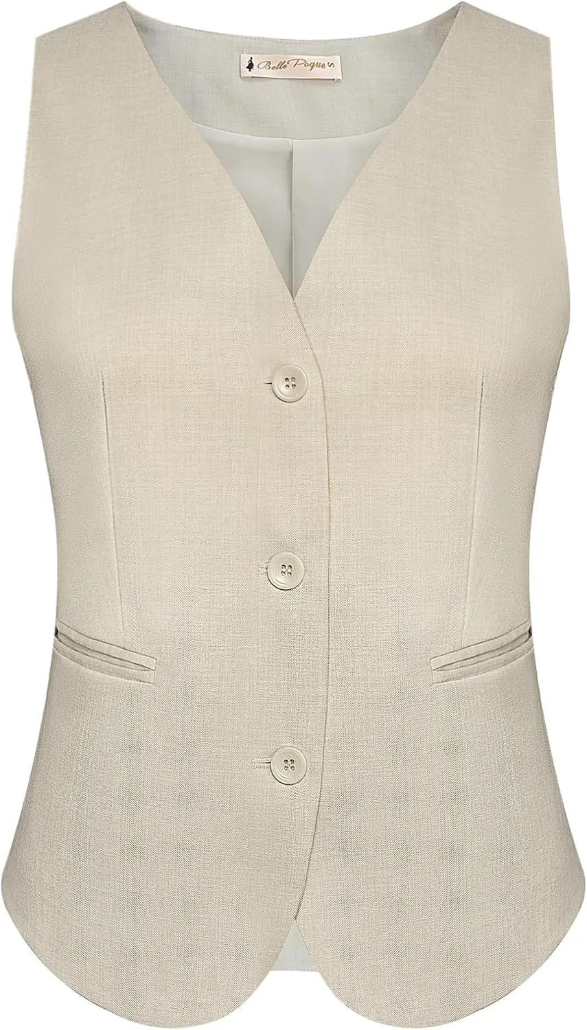 Belle Poque Women Suit Vest Button Down Dressy Vest Tops Waistcoat with Pockets