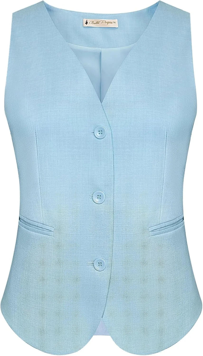 Belle Poque Women Suit Vest Button Down Dressy Vest Tops Waistcoat with Pockets
