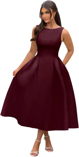 Boat Neck Satin Midi Prom Dresses Tea Length Scoop Back A Line Formal Evening Party Gowns