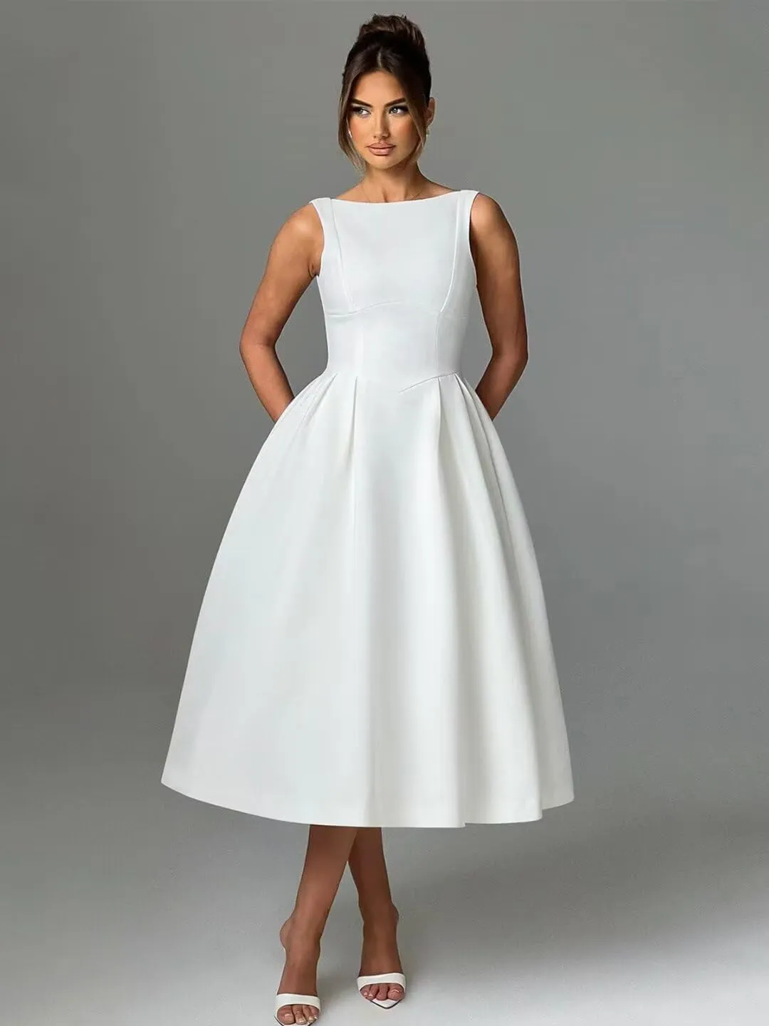 Boat Neck Satin Midi Prom Dresses Tea Length Scoop Back A Line Formal Evening Party Gowns