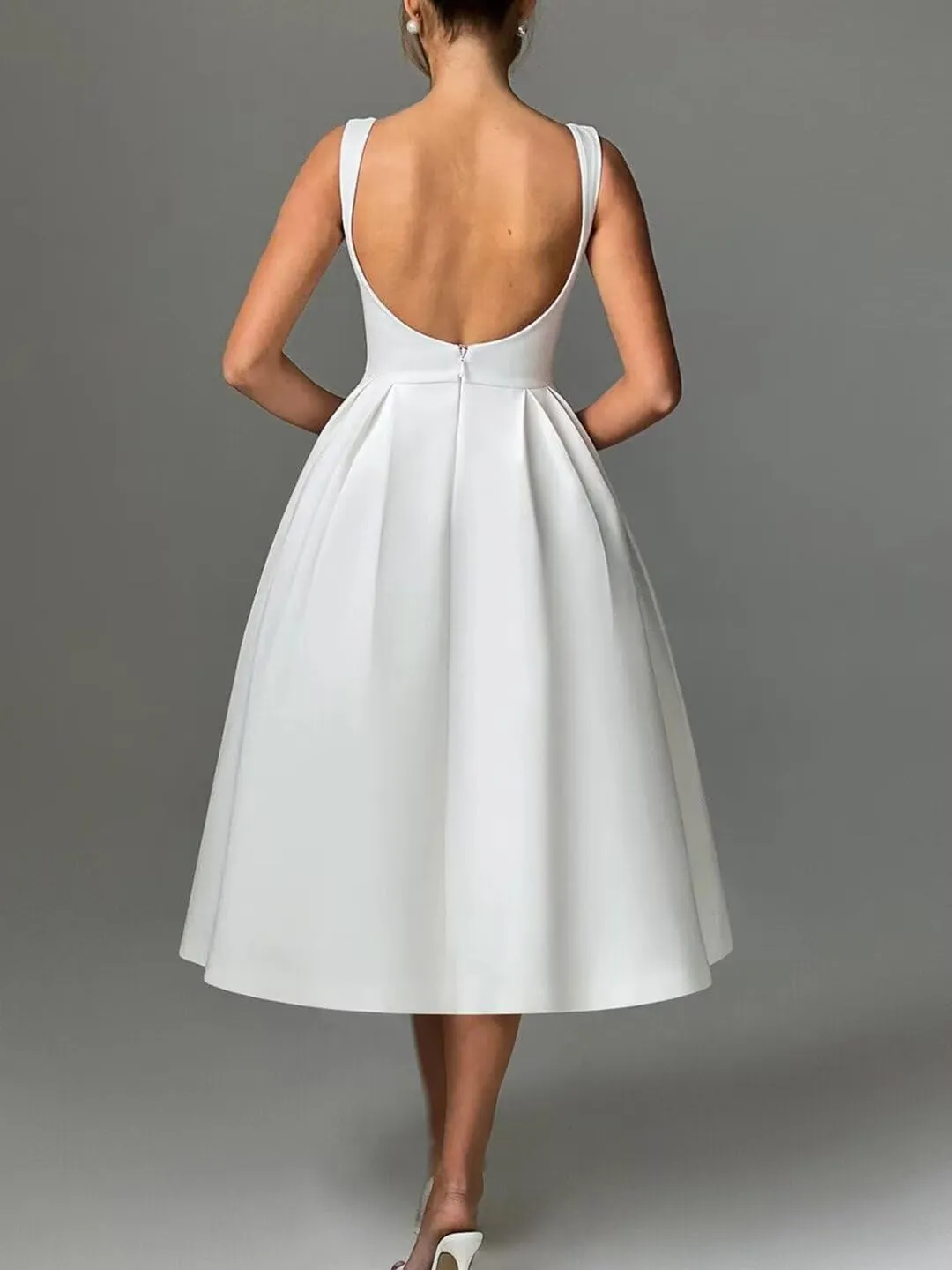 Boat Neck Satin Midi Prom Dresses Tea Length Scoop Back A Line Formal Evening Party Gowns