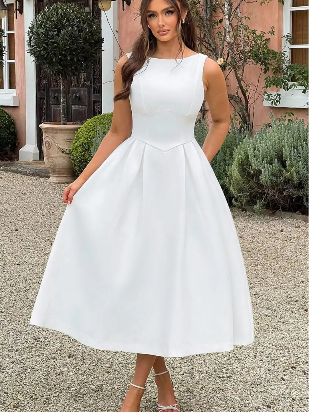 Boat Neck Satin Midi Prom Dresses Tea Length Scoop Back A Line Formal Evening Party Gowns