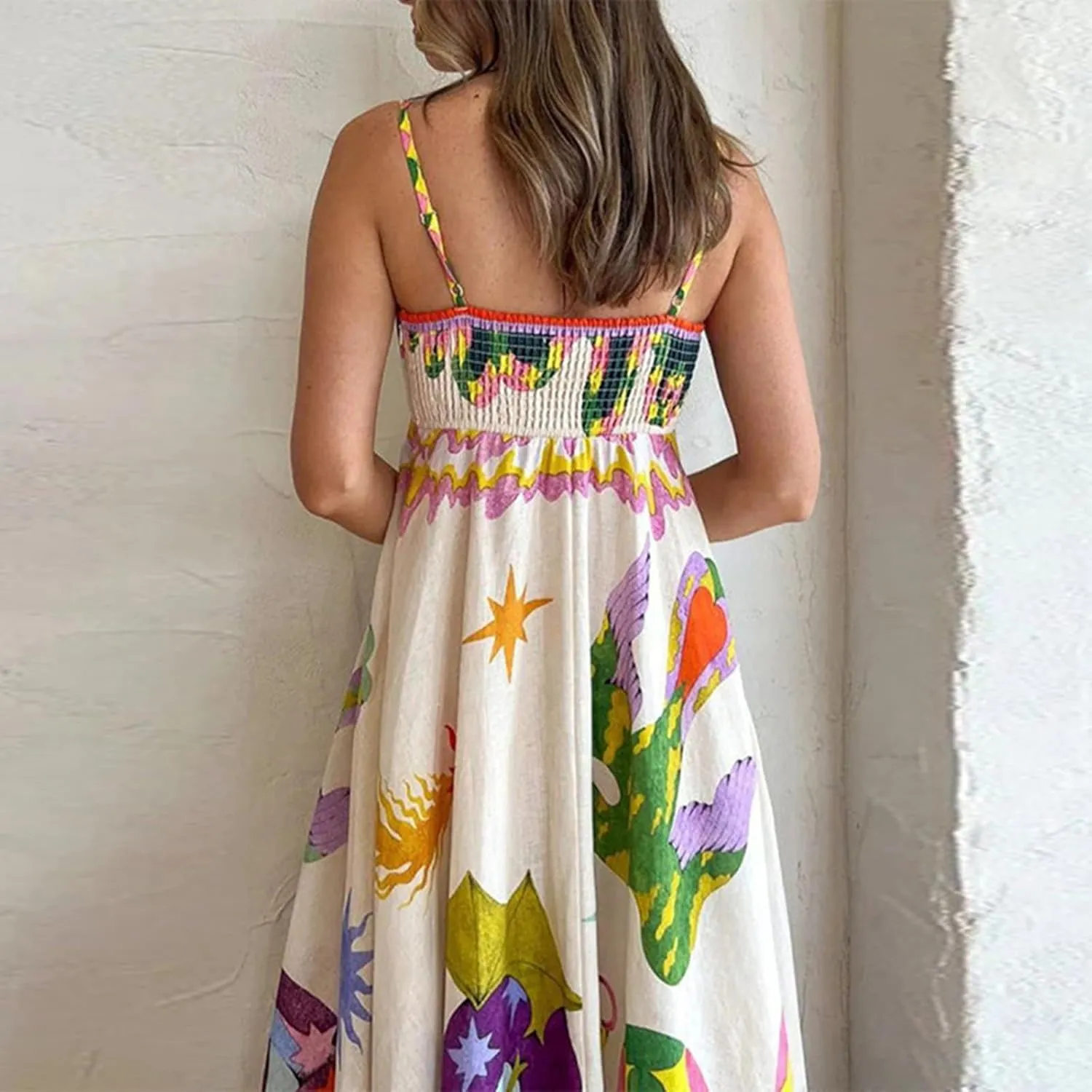 Boho Maxi Beach Vacation Casual Dress Spaghetti Strap Graffiti Floral Print Slip Party Long Sundress for Women