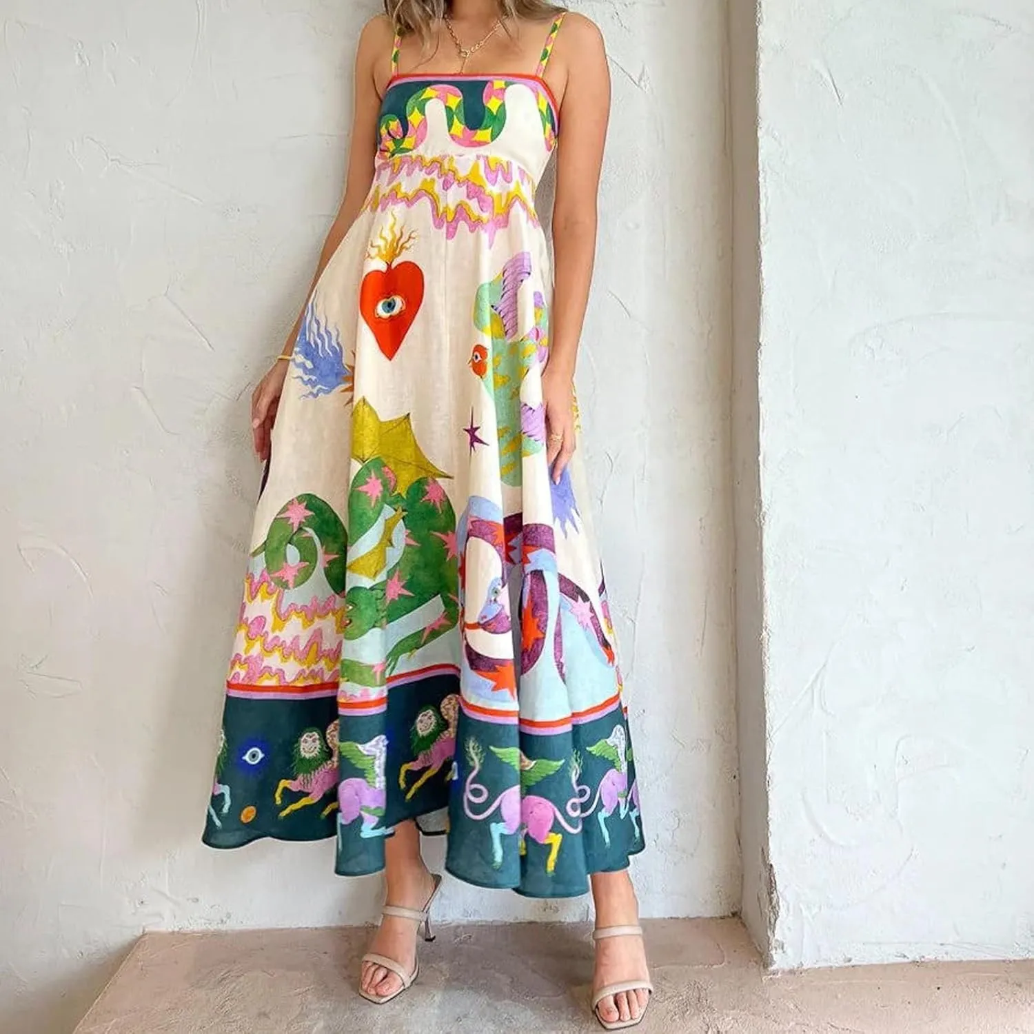 Boho Maxi Beach Vacation Casual Dress Spaghetti Strap Graffiti Floral Print Slip Party Long Sundress for Women