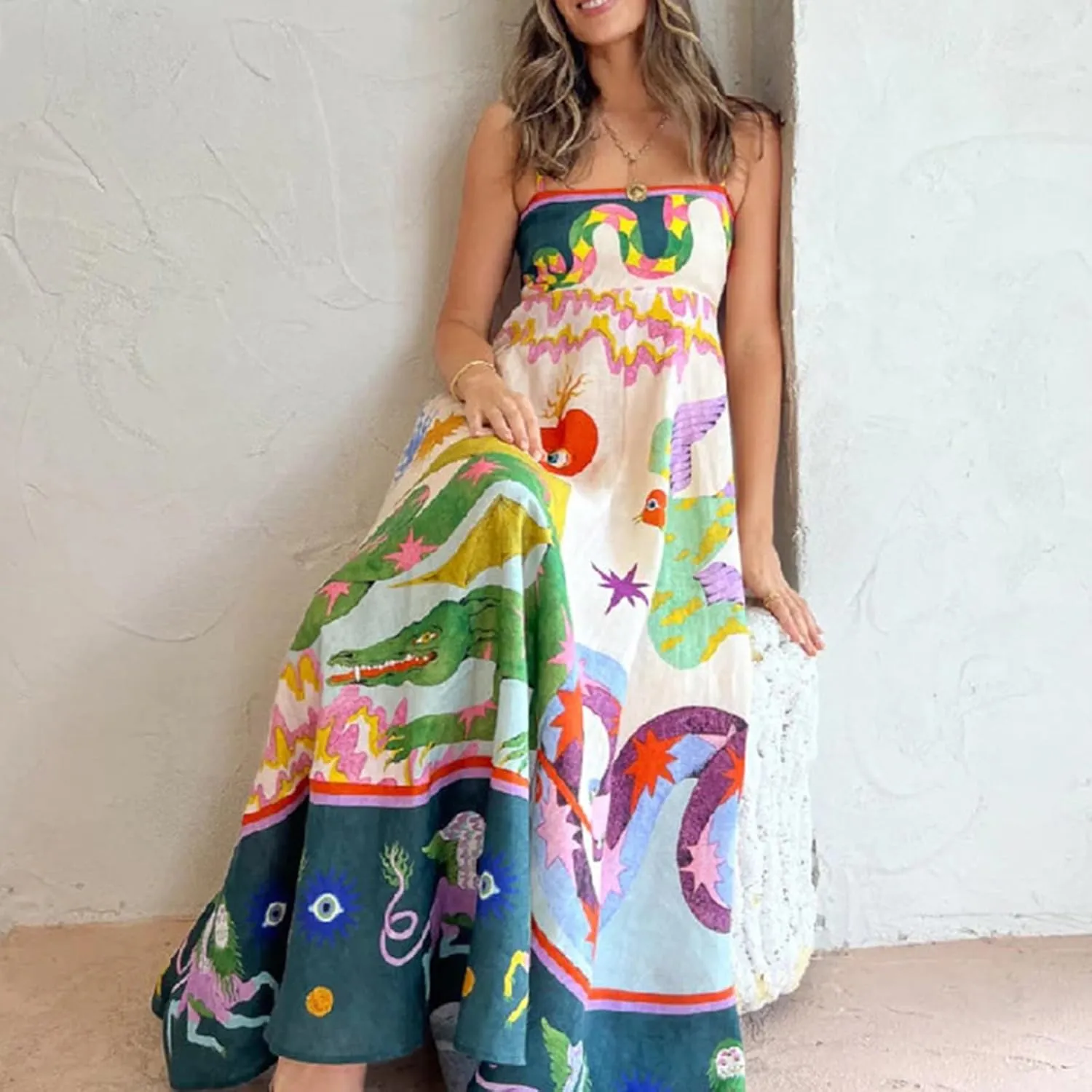 Boho Maxi Beach Vacation Casual Dress Spaghetti Strap Graffiti Floral Print Slip Party Long Sundress for Women