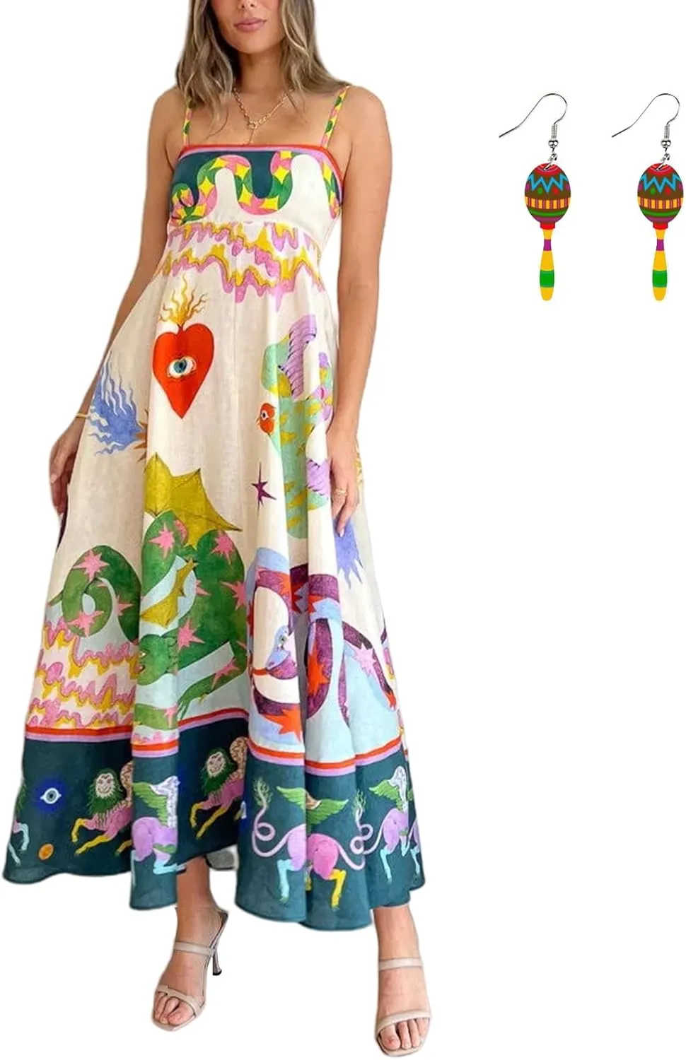 Boho Maxi Beach Vacation Casual Dress Spaghetti Strap Graffiti Floral Print Slip Party Long Sundress for Women