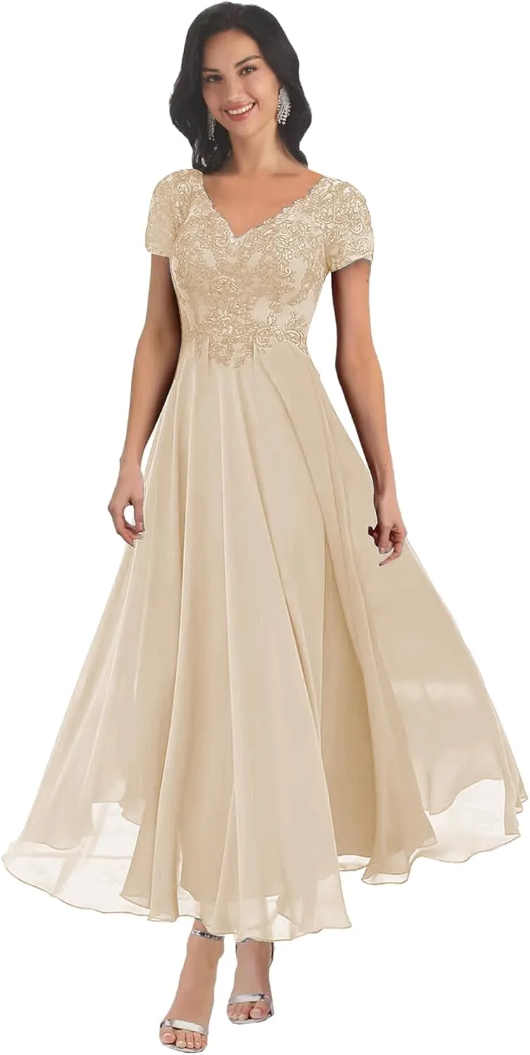 BONOYUER V Neck Mother of The Bride Dresses with Sleeves for Wedding Lace Applique Chiffon Long Evening Formal Gown