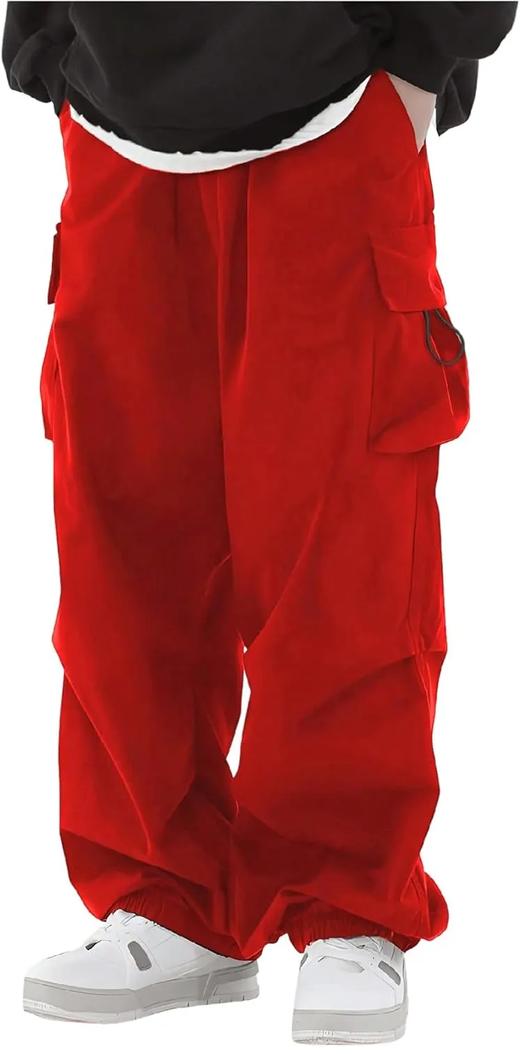 Boy's Wide Leg Cargo Pants Drawstring Waist Baggy Track Pants Trousers Streetwear