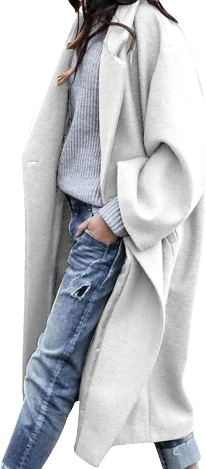 BTDECLAR Women's Trench Coats 2024 Lapel Open Front Long Sleeve Peacoat Winter Warm Loose Fit Wool Blend Cardigan