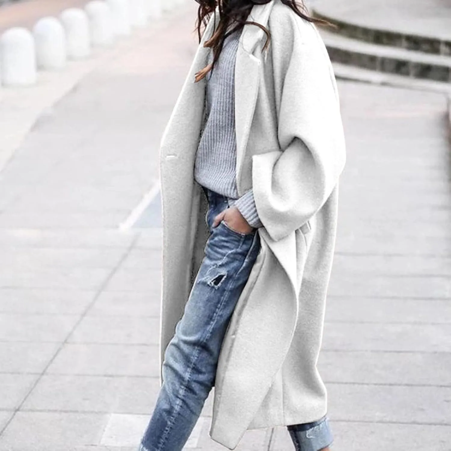 BTDECLAR Women's Trench Coats 2024 Lapel Open Front Long Sleeve Peacoat Winter Warm Loose Fit Wool Blend Cardigan