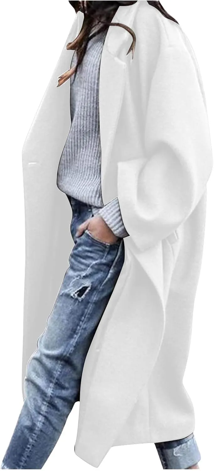 BTDECLAR Women's Trench Coats 2024 Lapel Open Front Long Sleeve Peacoat Winter Warm Loose Fit Wool Blend Cardigan
