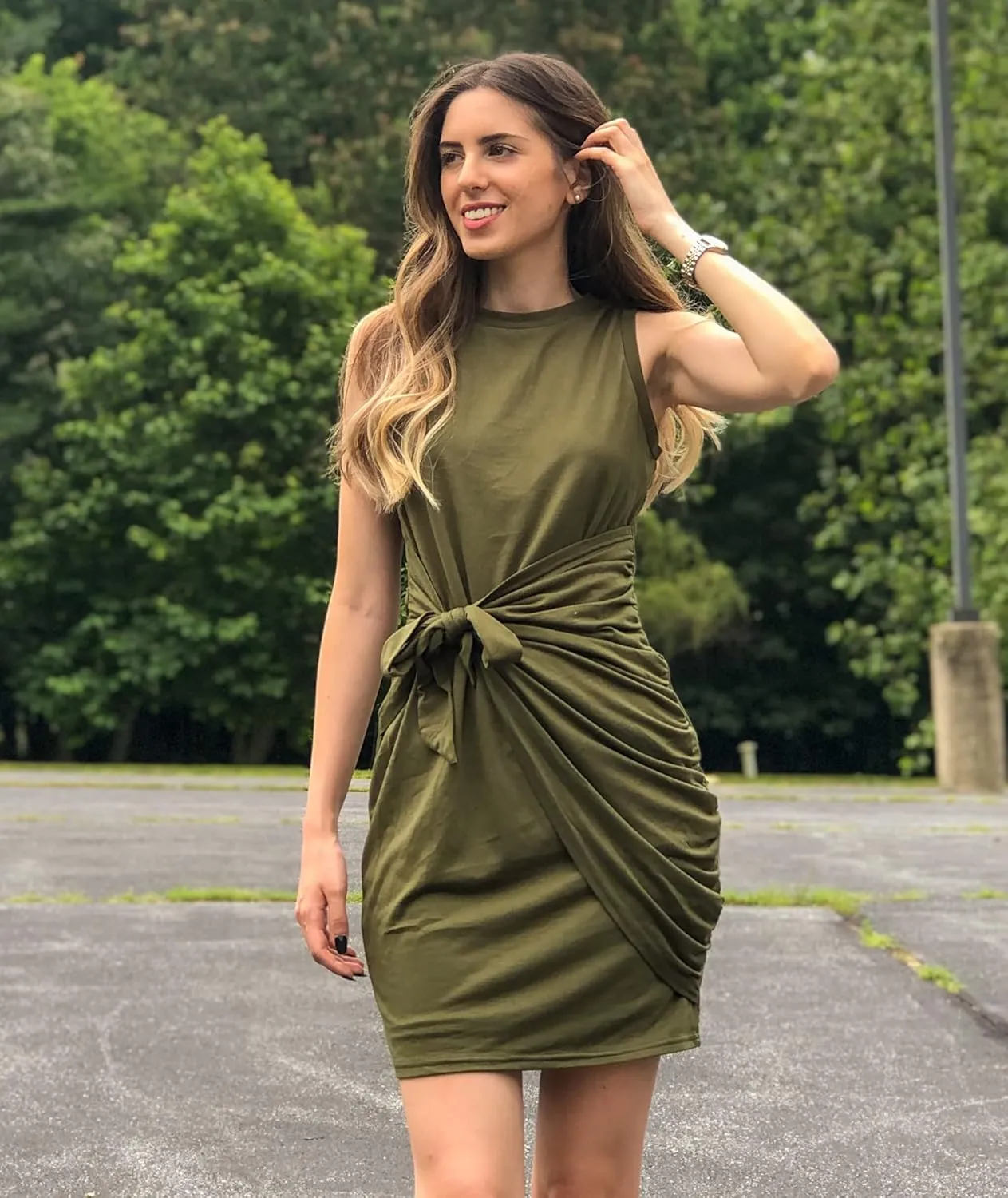BTFBM Women's 2025 Summer T Shirt Dress Casual Sleeveless Wrap Bodycon Ruched T Shirt Spring Dress Tie Waist Mini Dresses
