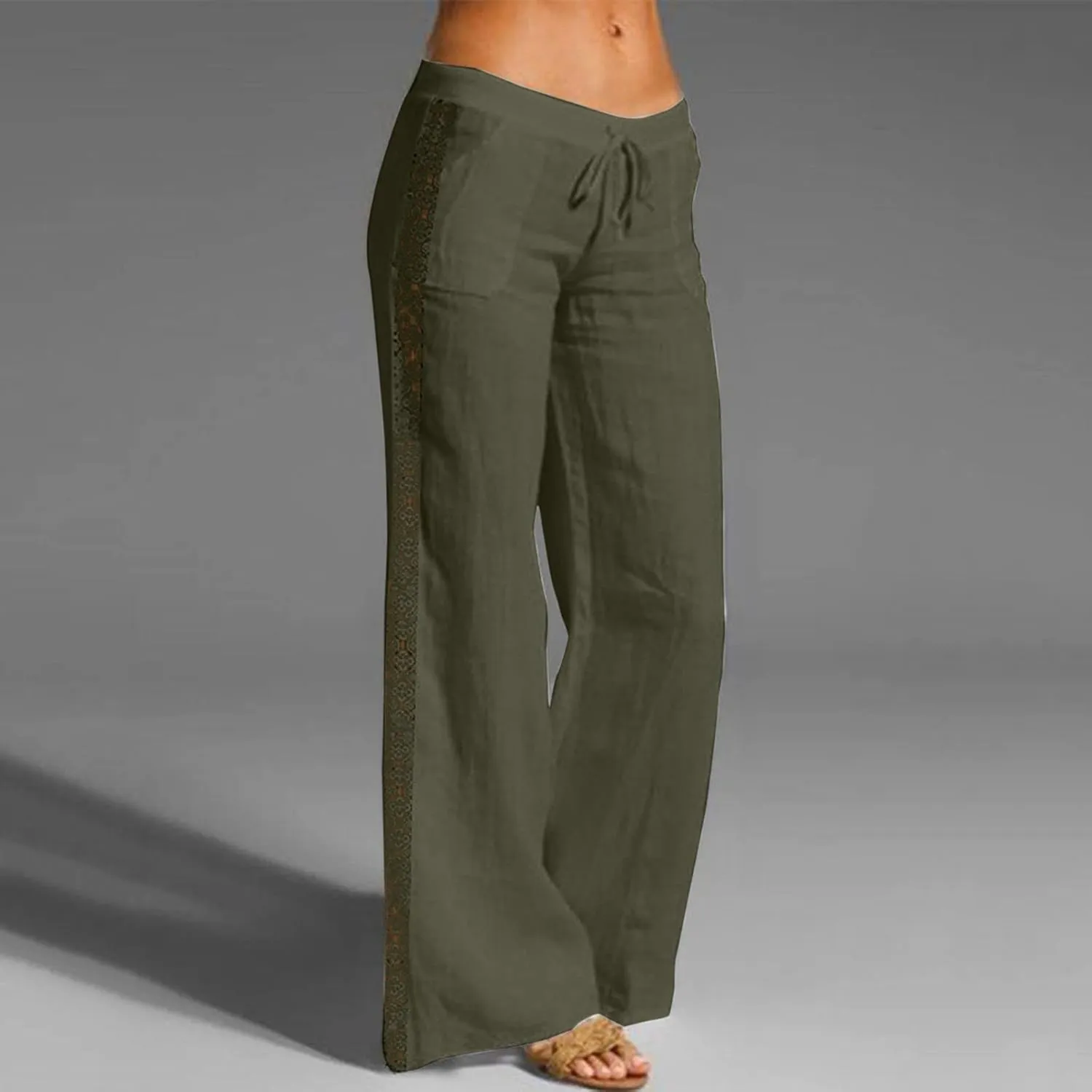 BZGTZT Linen Pants for Women Summer Casual Loose Drawstring Elastic High Waist Comfy Trousers Straight Leg Long Lounge Pant