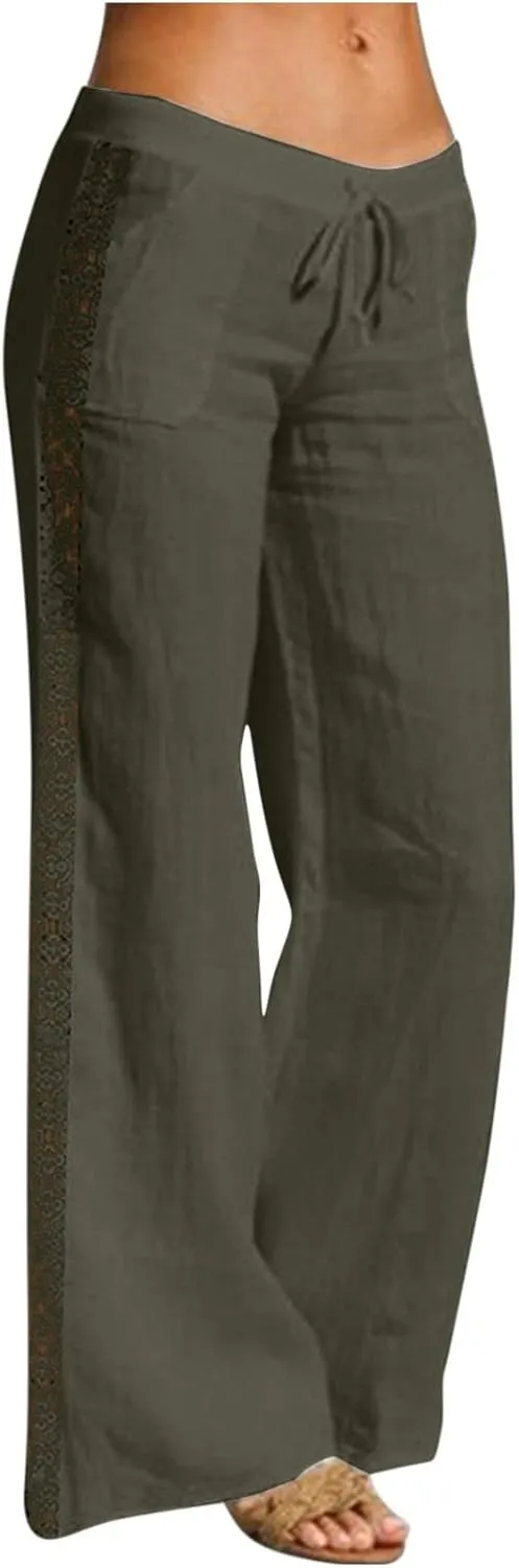 BZGTZT Linen Pants for Women Summer Casual Loose Drawstring Elastic High Waist Comfy Trousers Straight Leg Long Lounge Pant