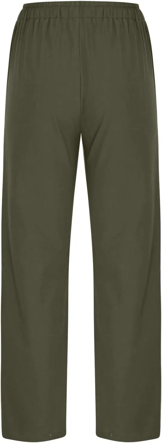 BZGTZT Linen Pants for Women Summer Casual Loose Drawstring Elastic High Waist Comfy Trousers Straight Leg Long Lounge Pant