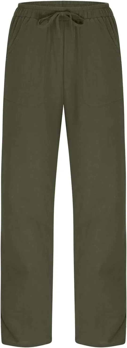 BZGTZT Linen Pants for Women Summer Casual Loose Drawstring Elastic High Waist Comfy Trousers Straight Leg Long Lounge Pant