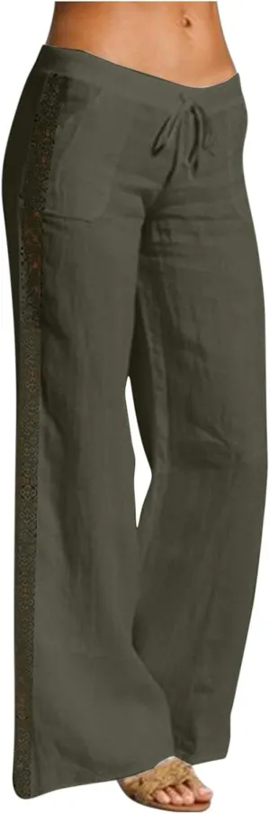 BZGTZT Linen Pants for Women Summer Casual Loose Drawstring Elastic High Waist Comfy Trousers Straight Leg Long Lounge Pant