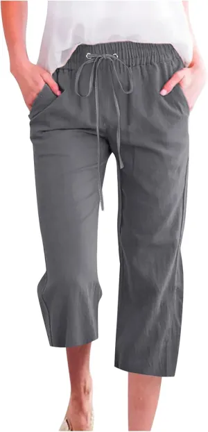 BZGTZT Linen Pants for Women Wide Leg Capris Summer Casual Loose Elastic Drawstring High Waist Cropped Trousers with Pocket