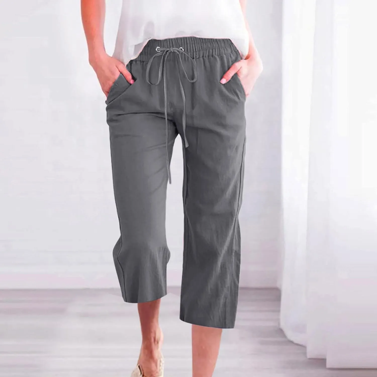 BZGTZT Linen Pants for Women Wide Leg Capris Summer Casual Loose Elastic Drawstring High Waist Cropped Trousers with Pocket